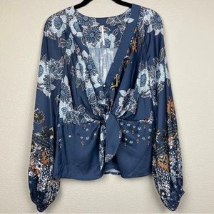 FREE PEOPLE Women's Run Free Tunic Blouse Blue Floral Paisley Tie Waist